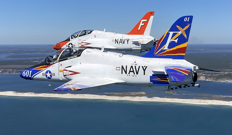 The Sabrehawks of Training Squadron EIGHT-SIX (VT-86) conduct an aerial change-of-command ceremony at Naval Air Station (NAS) Pensacola.